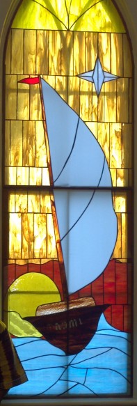 Boat stain glass window at Bay City UMC