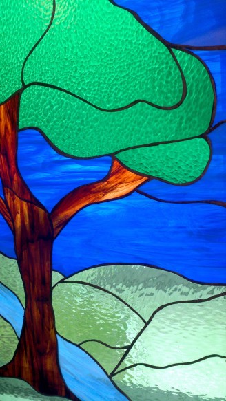 Detail of tree stain glass in Bay City UMC